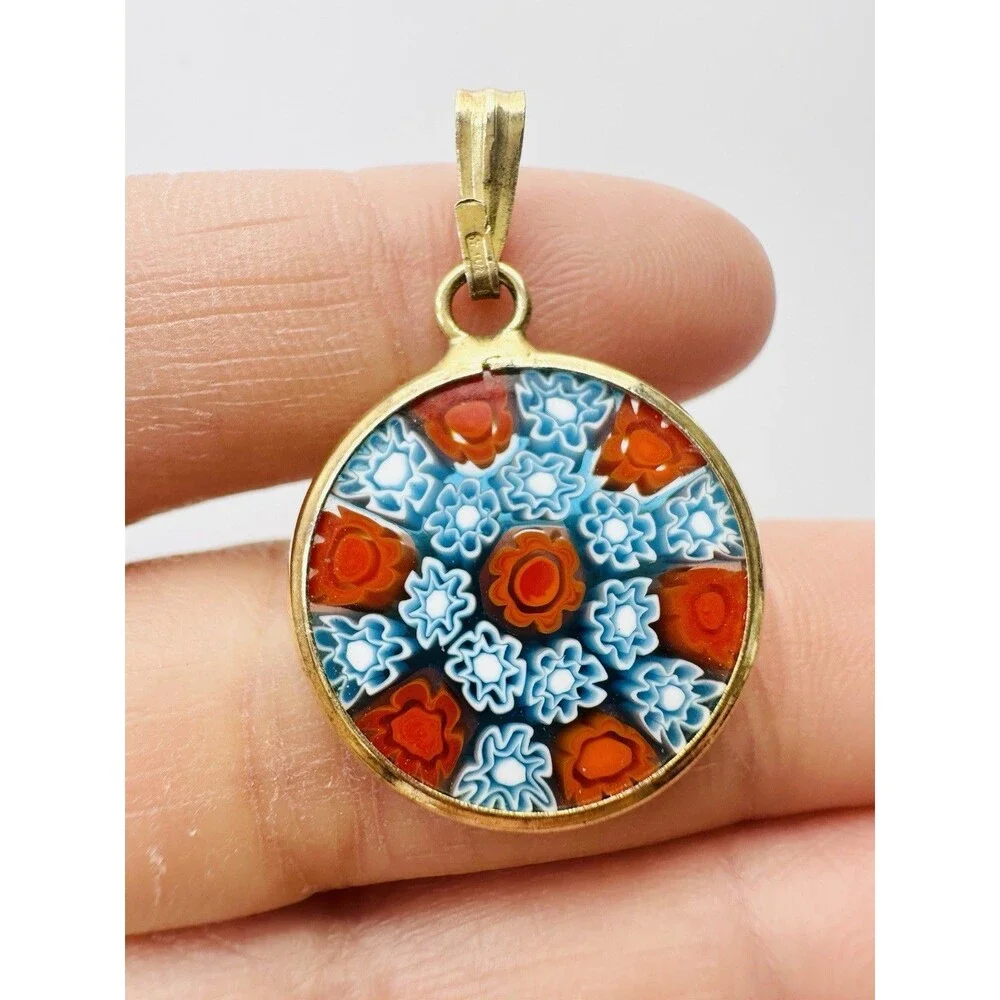 Vintage Murano Glass Millefiori Pendant Blue Orange Gold Over Sterling Silver